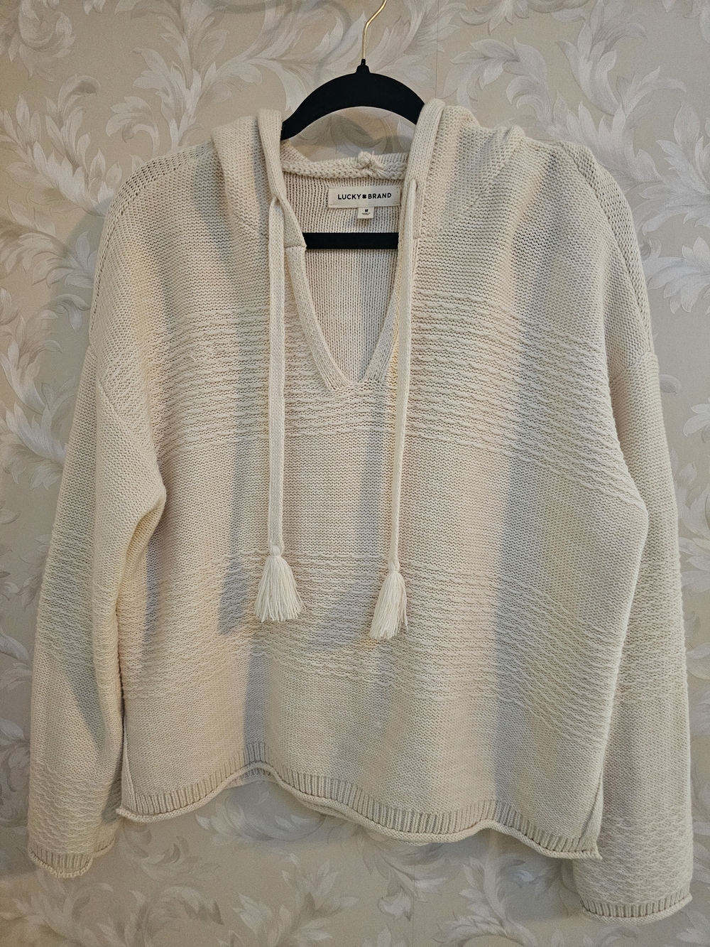 Lucky Brand Ivory V-Neck Hooded Knit Sweater